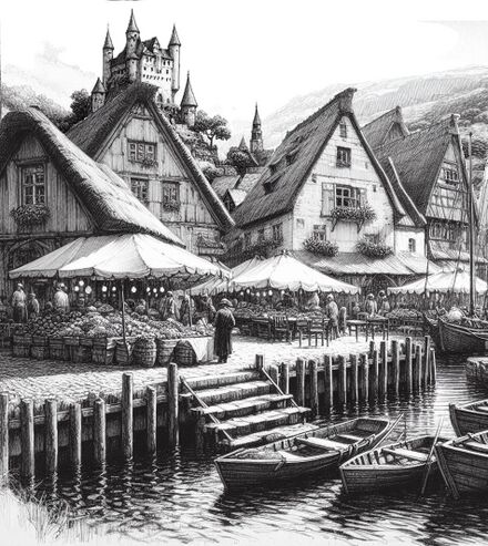 Hafen in Drift mit Schloss Mirkagarten im Hintergrund