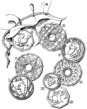 I. Koscher Silbertaler (Rückseite) II. Amboßzwergentaler (im Kindermund „Sterntaler“) III. Heller aus Uztrutz IV. Koschimer Zwergentaler V. Koscher Silbertaler (Vorderseite) VI. Hügelzwergentaler (im Kundermund „Blumentaler“) VII. Ferdoker Kreuzer VIII. Fürstenhorter Heller oder Bocknickel (angeblich mit unedlem Metall gestreckt)